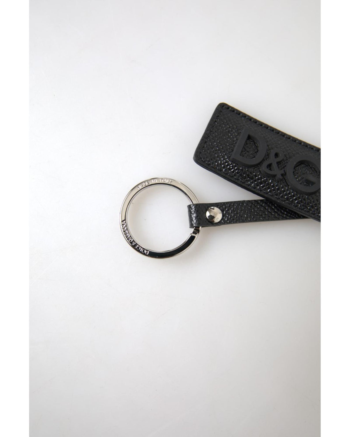 Dolce & Gabbana Men's Black Leather Keychain with Silver DG Logo - One Size