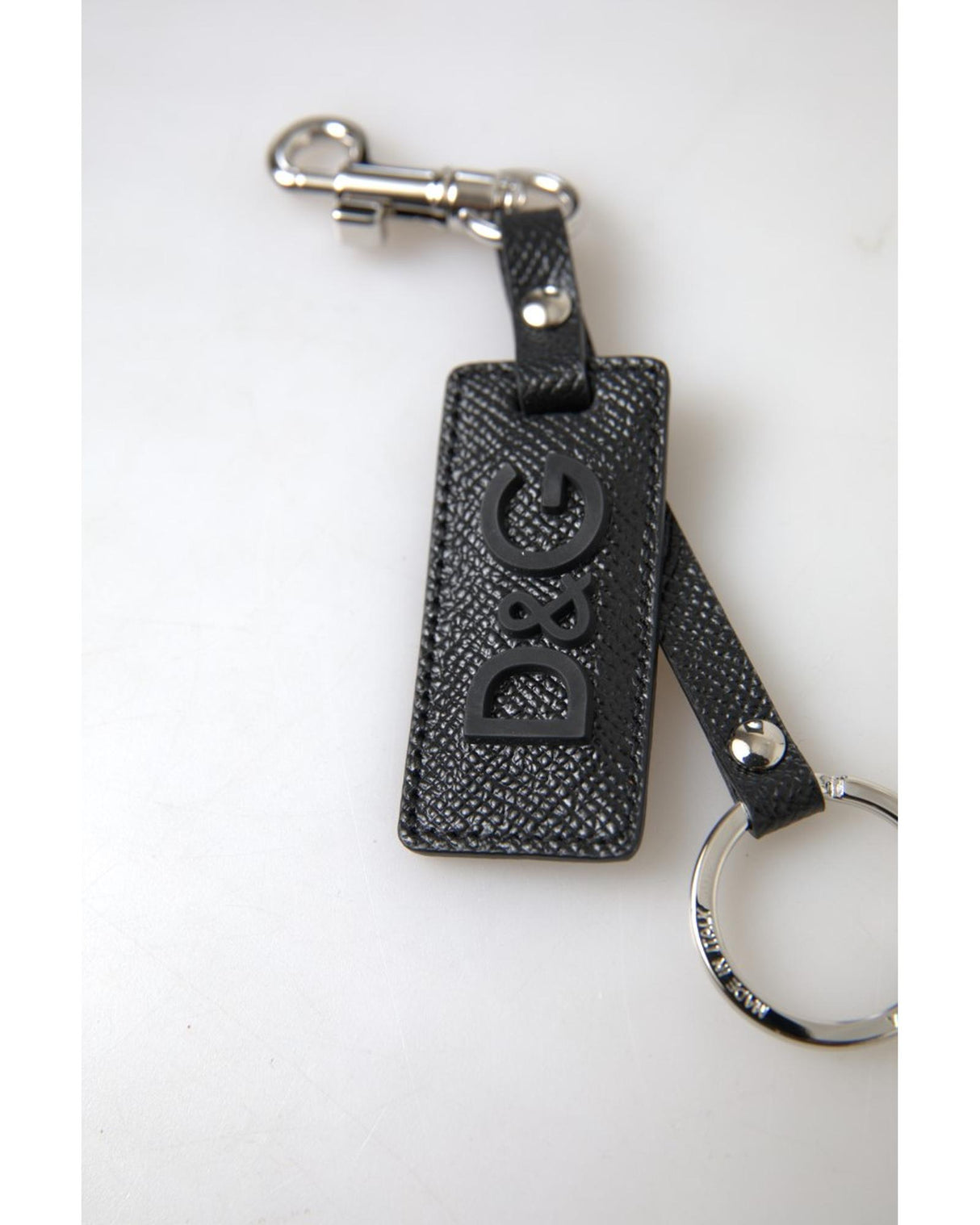 Dolce & Gabbana Men's Black Leather Keychain with Silver DG Logo - One Size