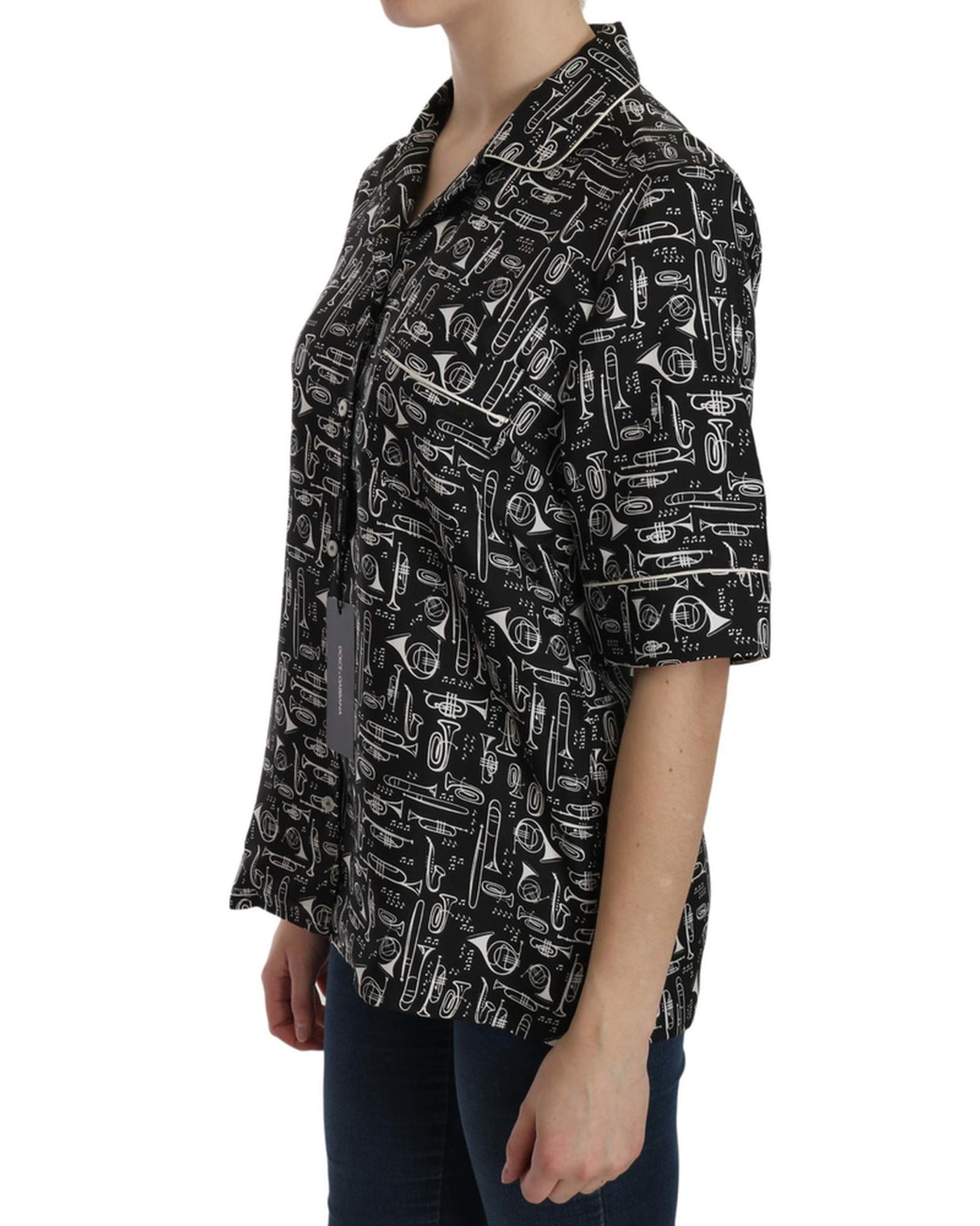 Musical Instrument Silk Blouse with Classic Collar for Women