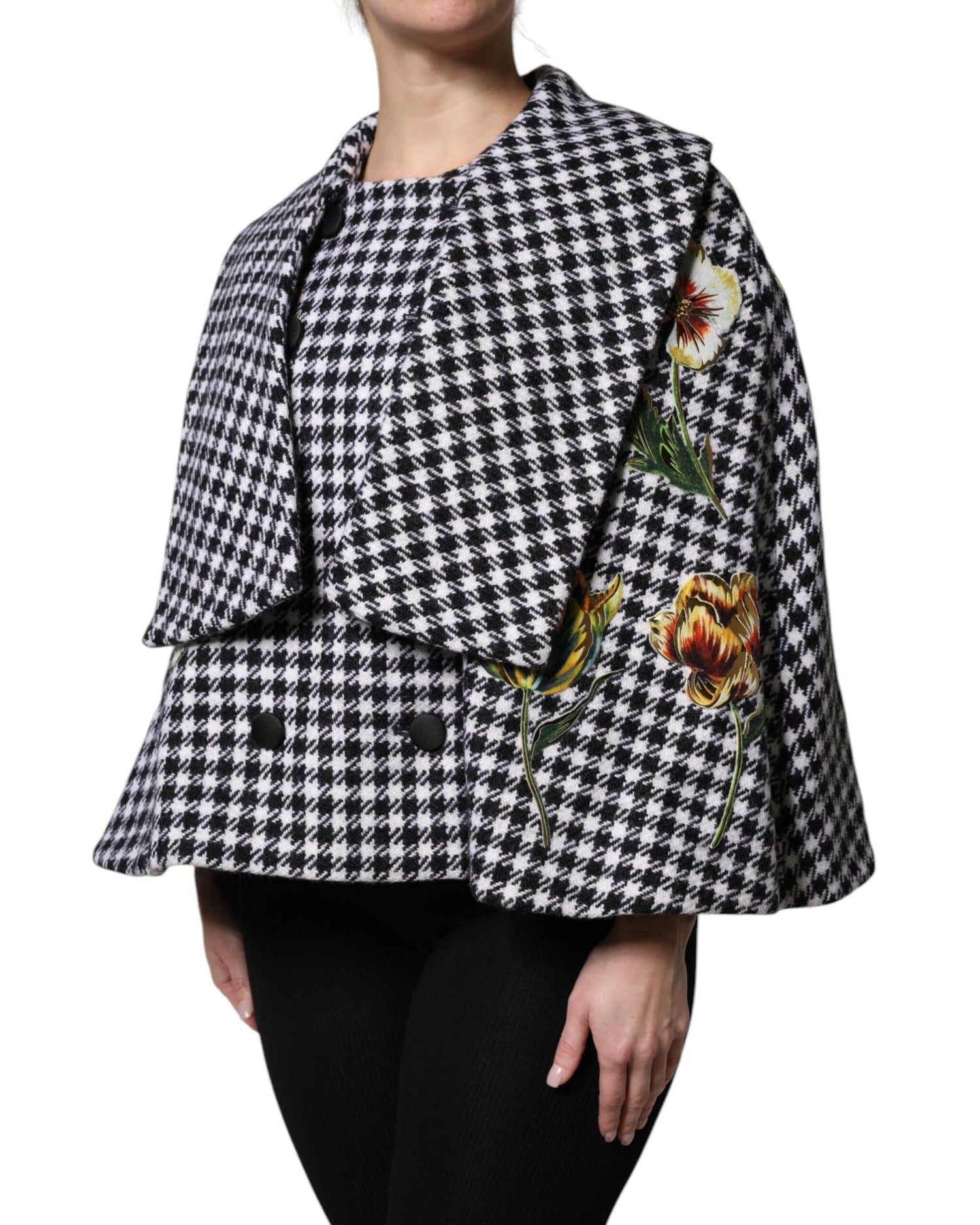 Dolce & Gabbana Women's Black White Monochrome Patterned Floral Cape Jacket - 42 IT