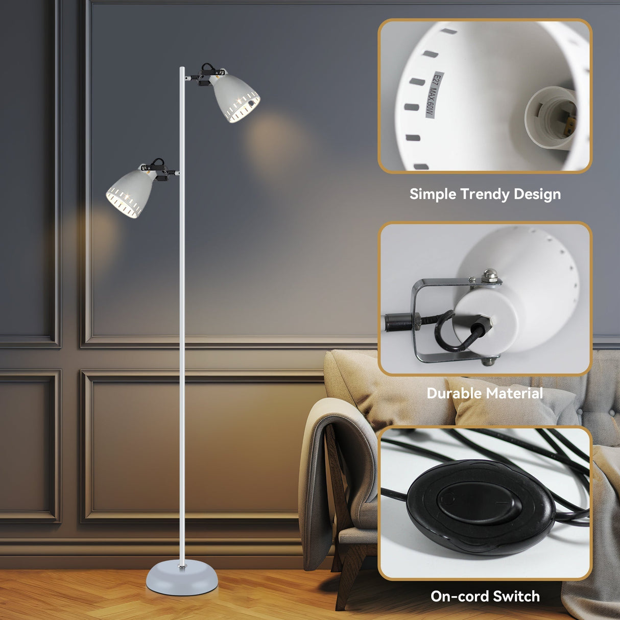 Audrey Adjustable Dual-Head Floor Lamp - White
