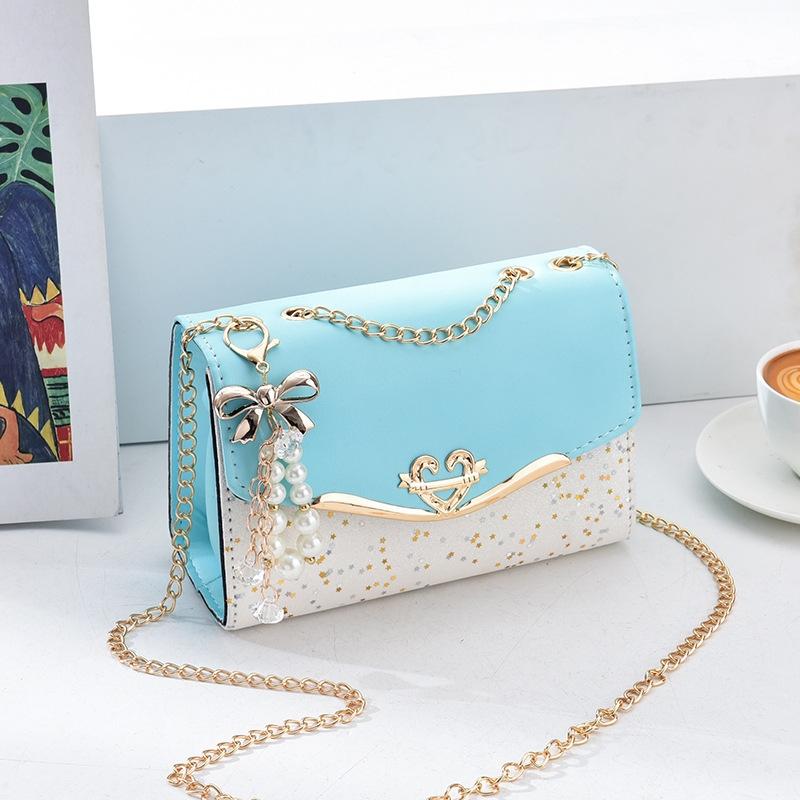 Sequined Messenger Shoulder Bag For Women Beige - Lake Blue With Pendant