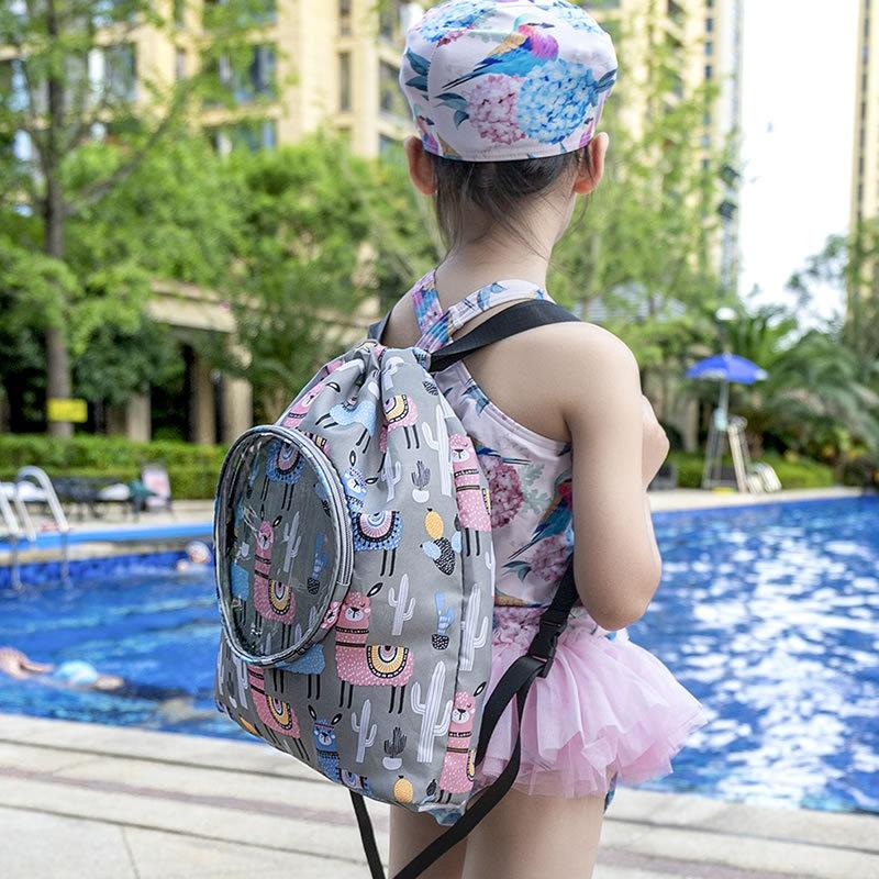 Blue Waterproof Drawstring Beach Bag L Size For Kids Wet & Dry Separation Shoulder Strap - Grey L