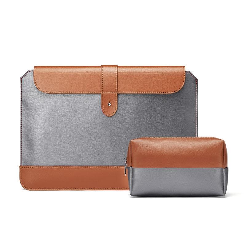 13-14 Inch Horizontal Microfiber Notebook Liner & Power Bag - Gray & Brown