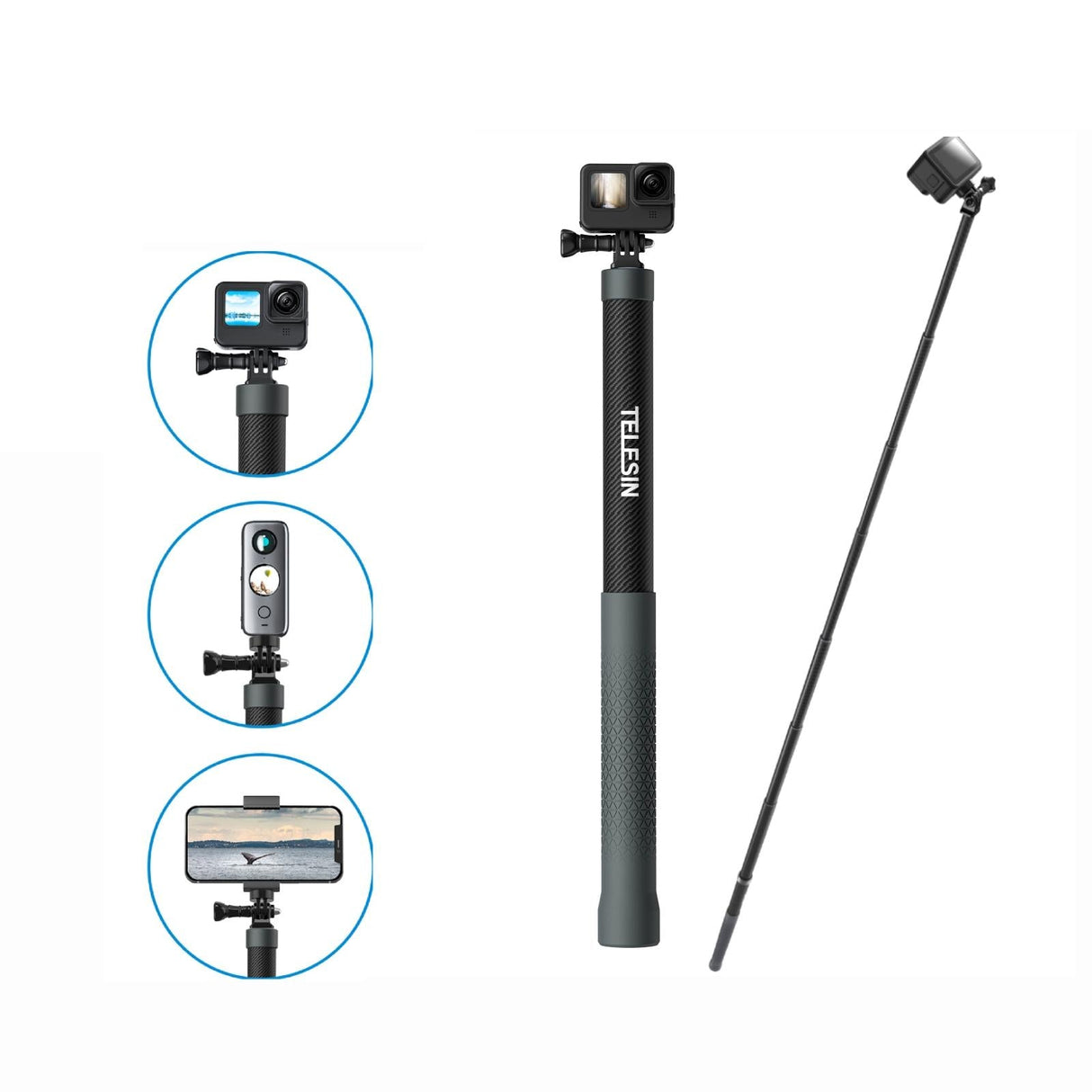 3m Carbon Fiber Selfie Stick Monopod for Action Cameras - 1 / 4 Screw