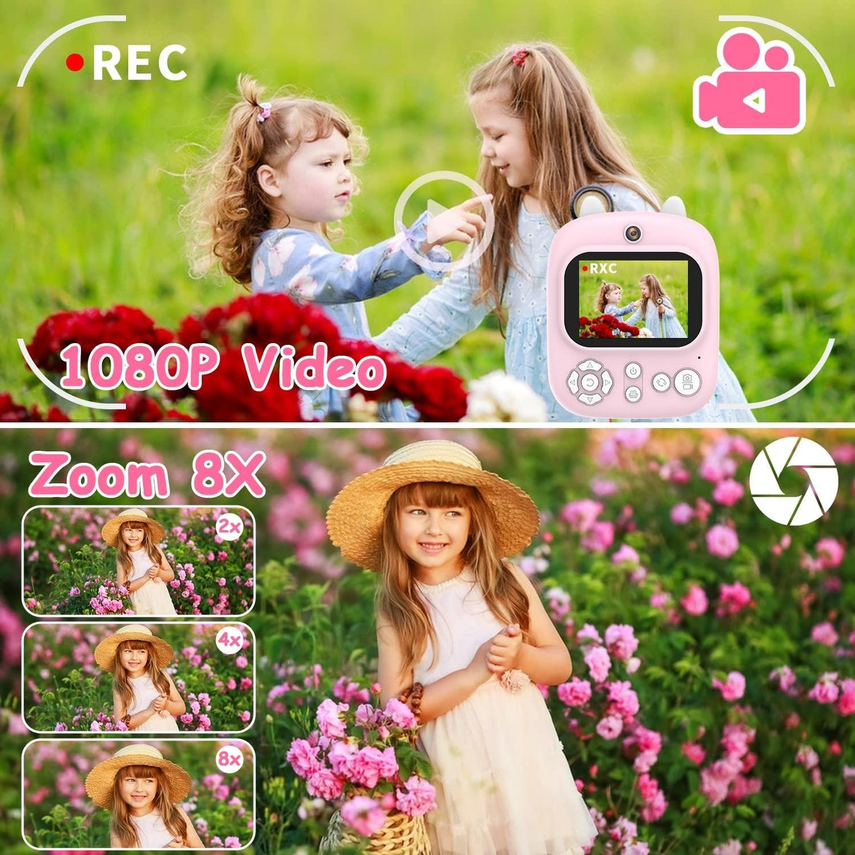 32g Instant Camera with 2.4 Display & Card Reader for Kids - 1200w Blue - Standard Pink