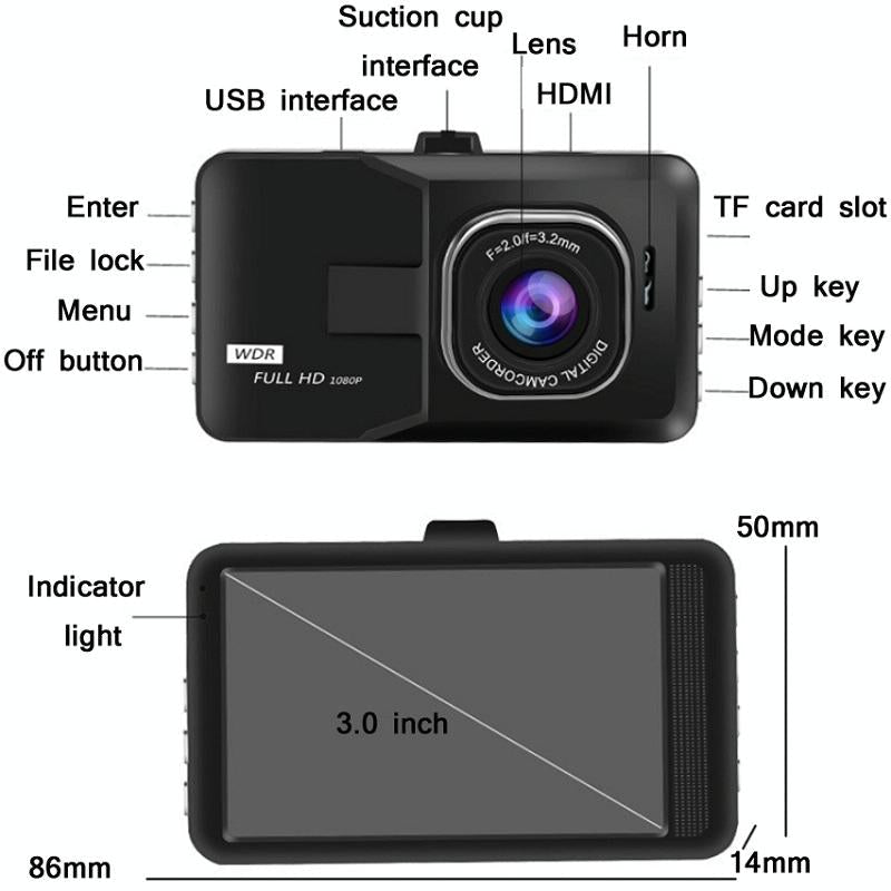 1080p Hd 3.0 Wide-angle Driving Recorder with Reversing Image - Compact Size