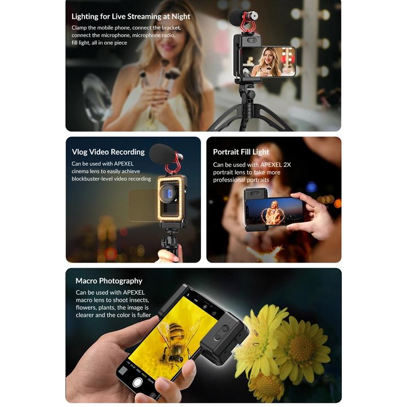 Universal Phone Clip with Multifunctional Fill Light - 1 / 4 & M17 M37 Thread Interface