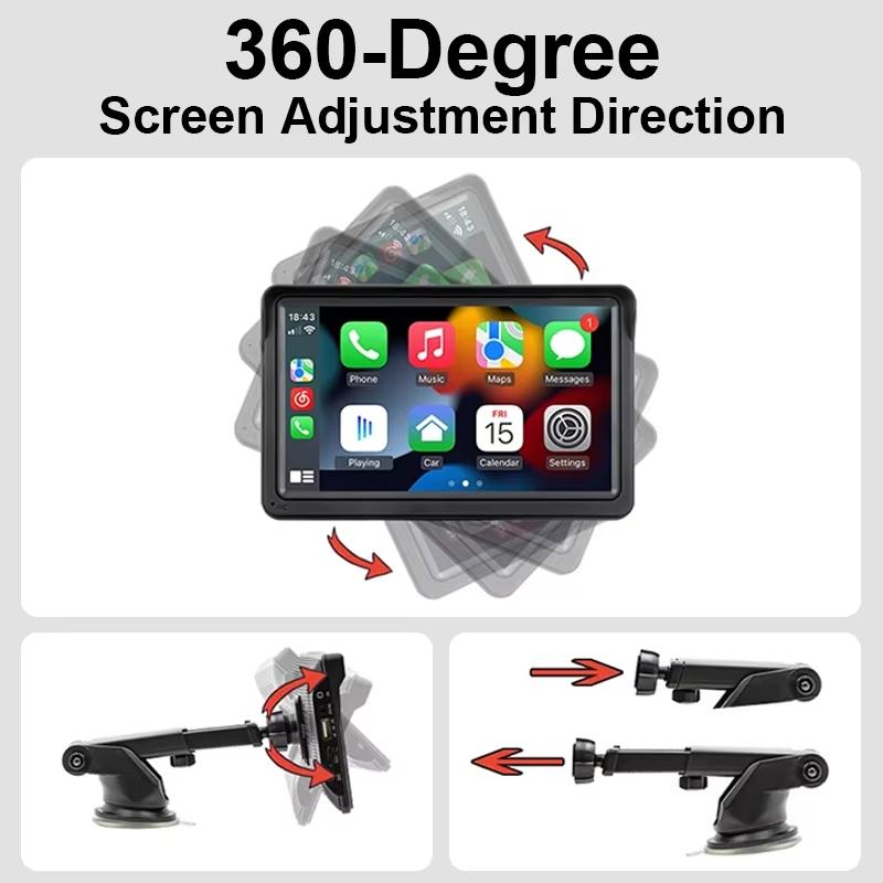 7 Inch Bluetooth 5.0 Carplay Monitor - Portable Compatible With Most Vehicles - Display + Camera