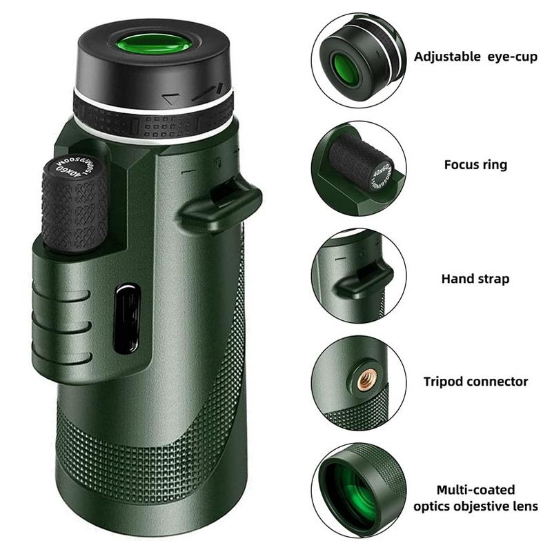 High Power Hd Monocular With Night Vision Clip & Tripod - 40X60