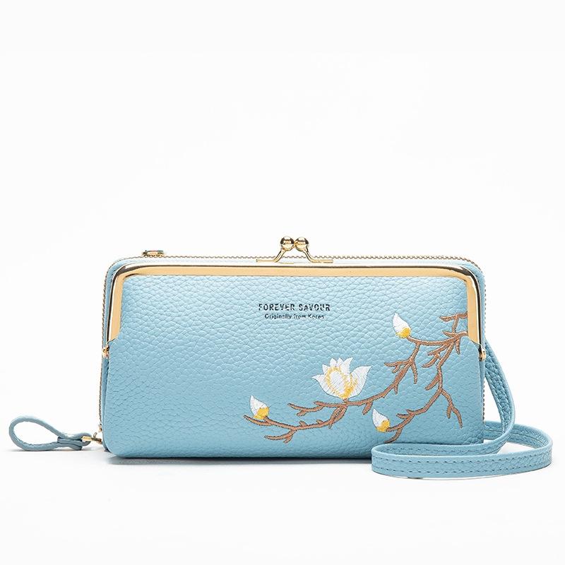 Black Embroidered Crossbody Wallet With Large Capacity - Blue
