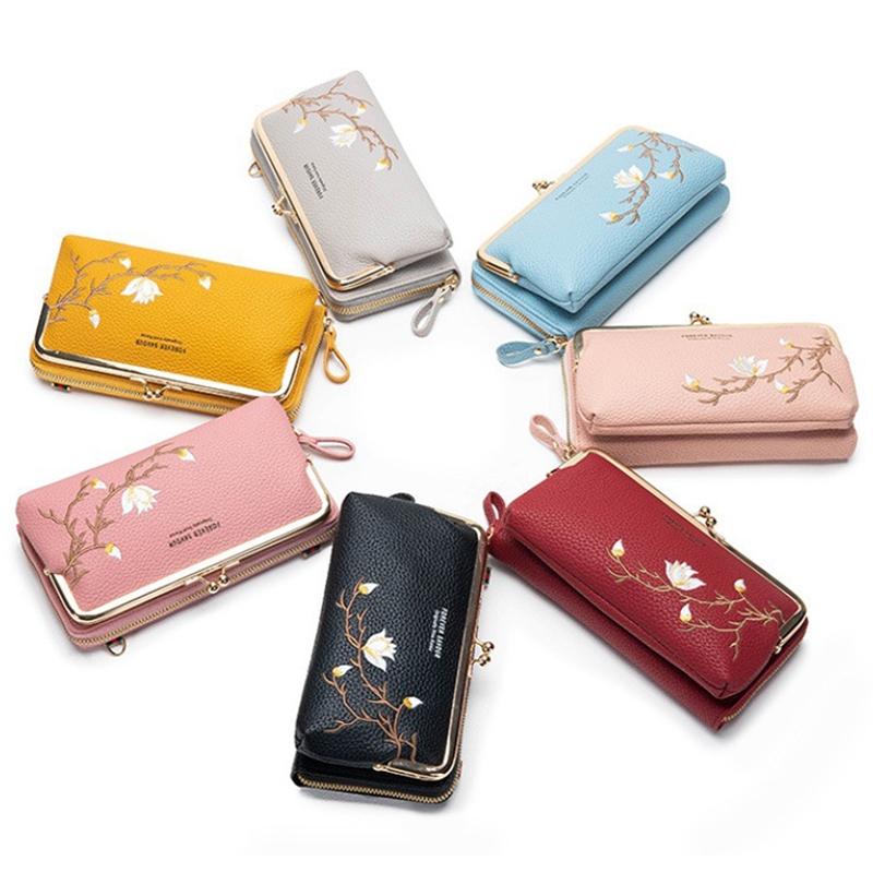 Black Embroidered Crossbody Wallet With Large Capacity - Blue