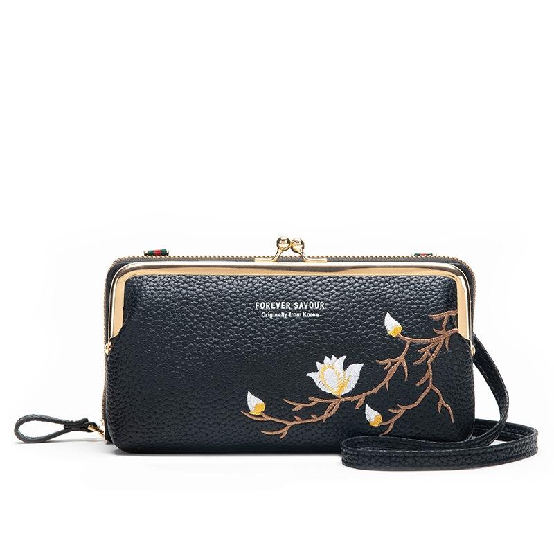 Black Embroidered Crossbody Wallet With Large Capacity - Blue