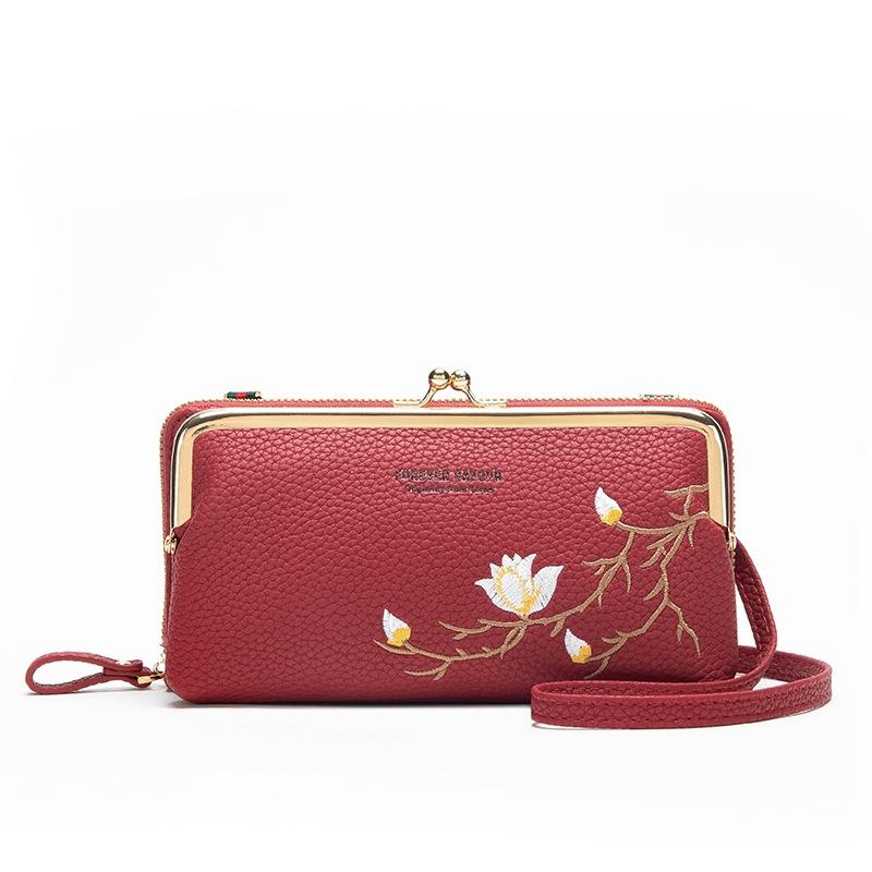 Black Embroidered Crossbody Wallet With Large Capacity - Blue