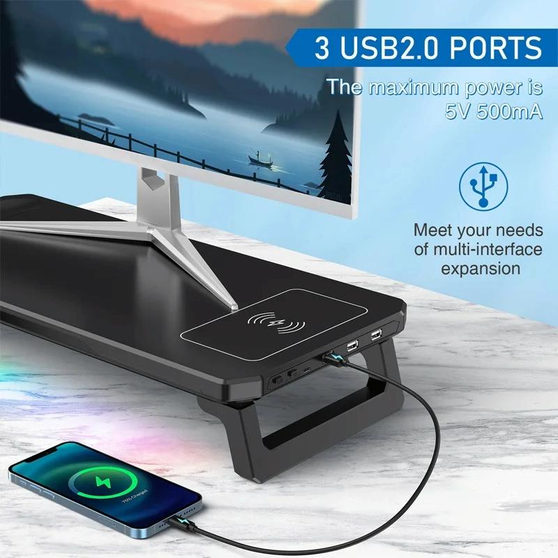 Usb Monitor Stand Riser with Type-c Ports - Wireless Charging Black