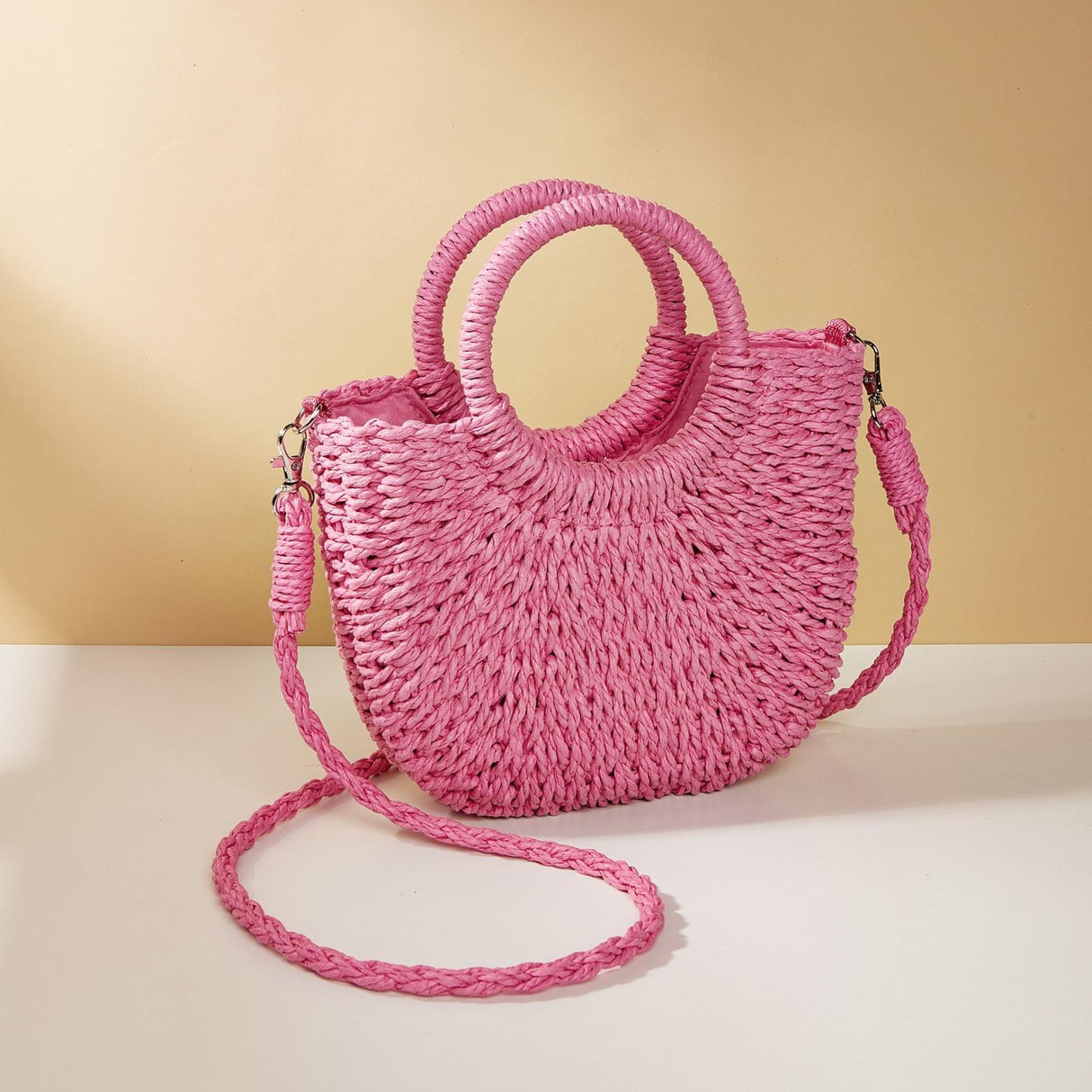 Beige Half Moon Straw Tote Woven Beach Bag - Rose Red