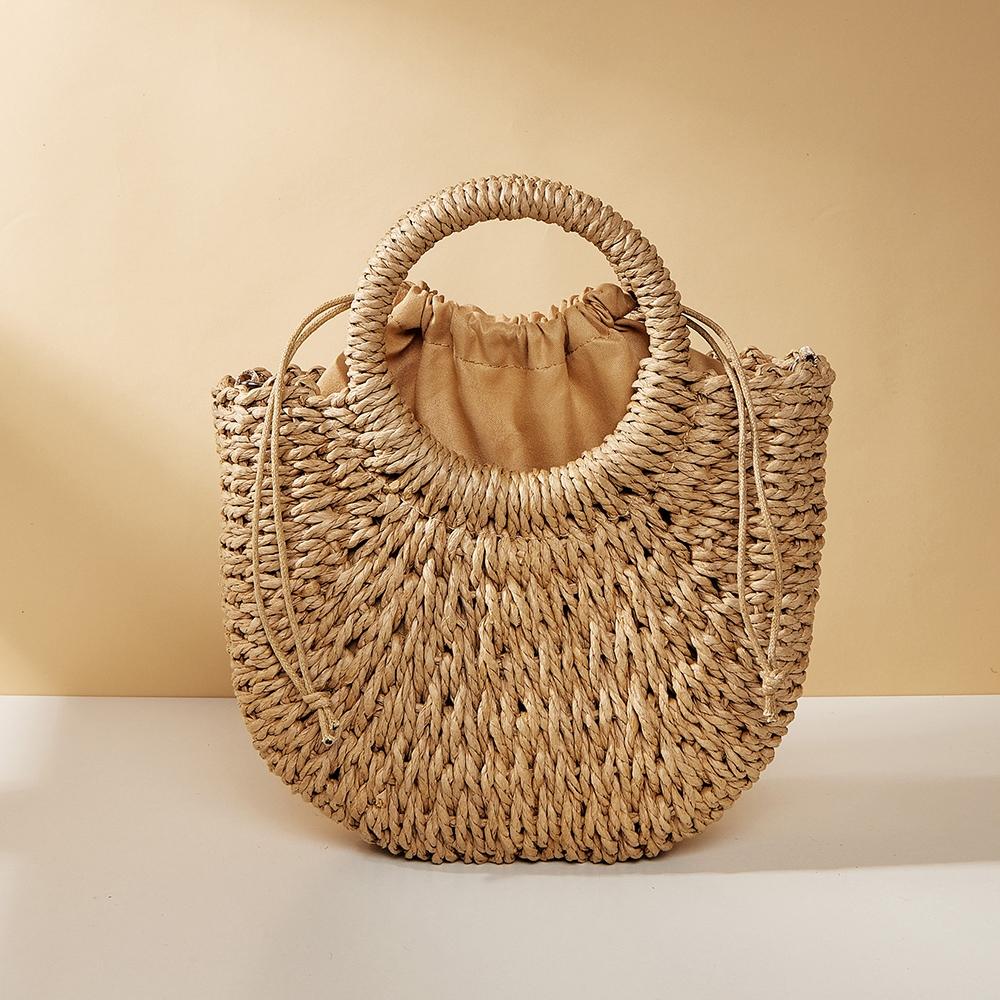 Beige Half Moon Straw Tote Woven Beach Bag - Rose Red