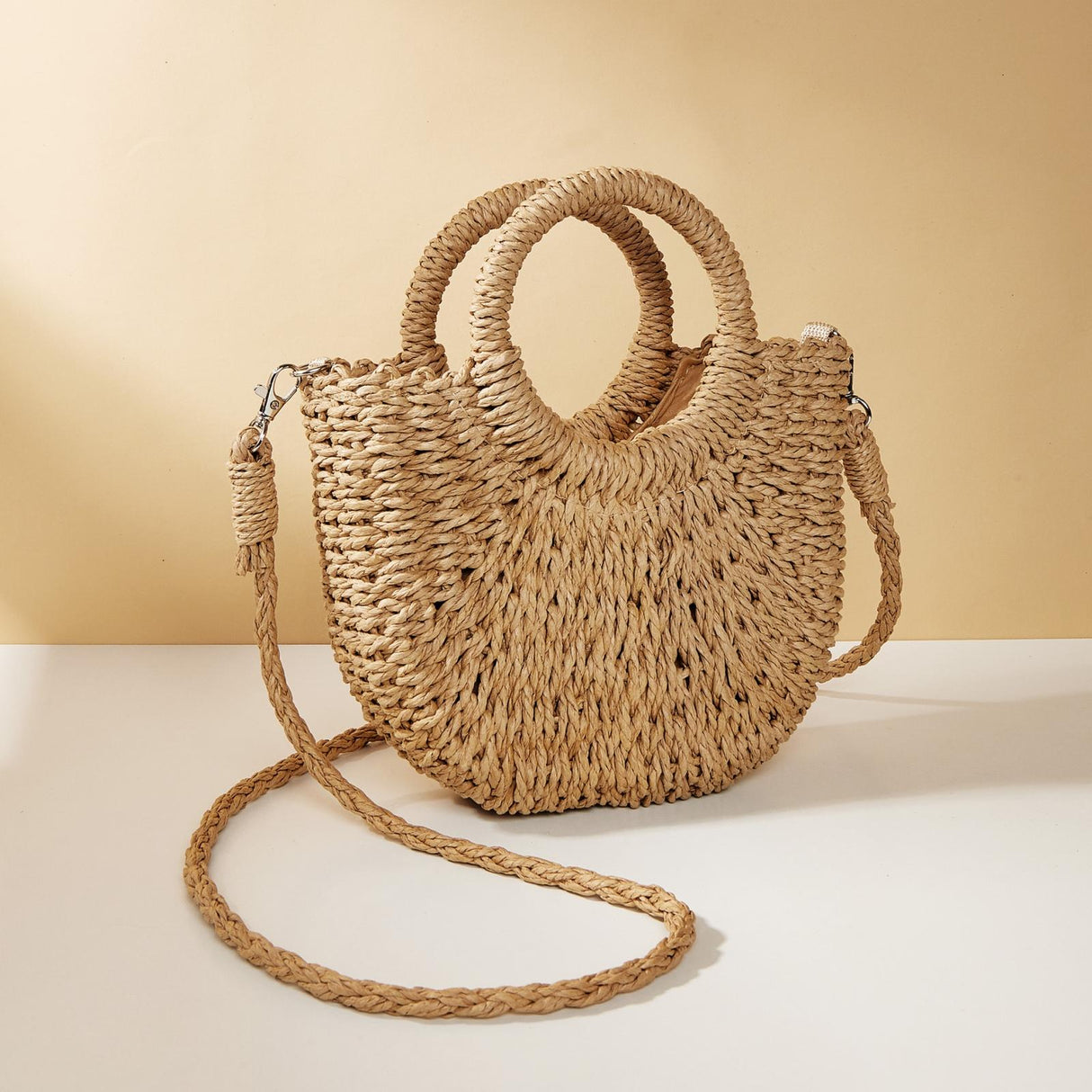 Beige Half Moon Straw Tote Woven Beach Bag - Rose Red