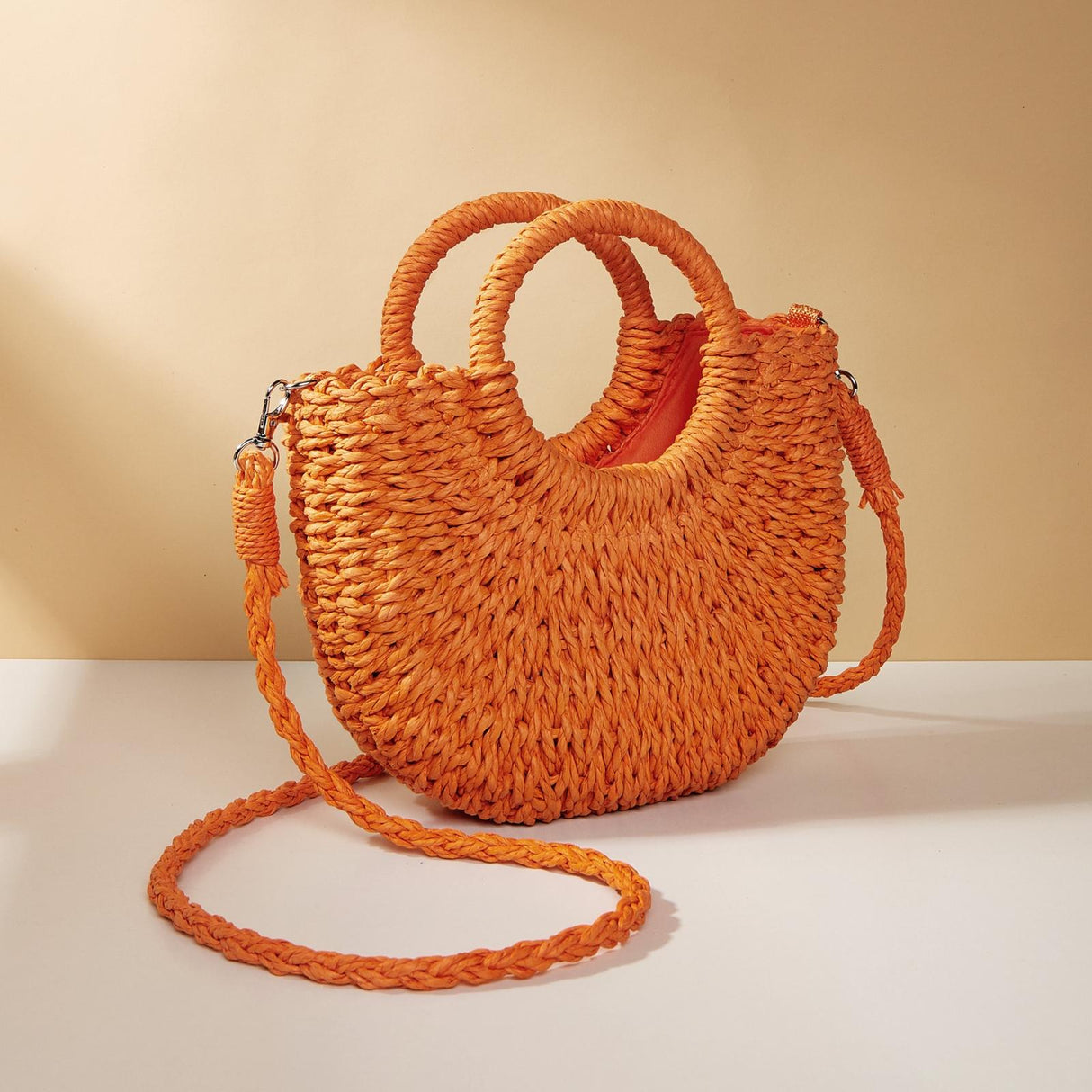 Beige Half Moon Straw Tote Woven Beach Bag - Rose Red