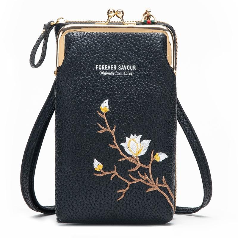 Black Embroidered Single Shoulder Phone Bag Wallet - Yellow