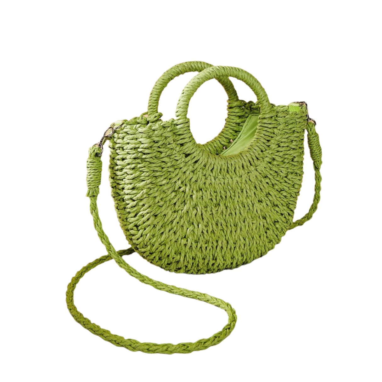 Beige Half Moon Straw Tote Woven Beach Bag - Orange Red