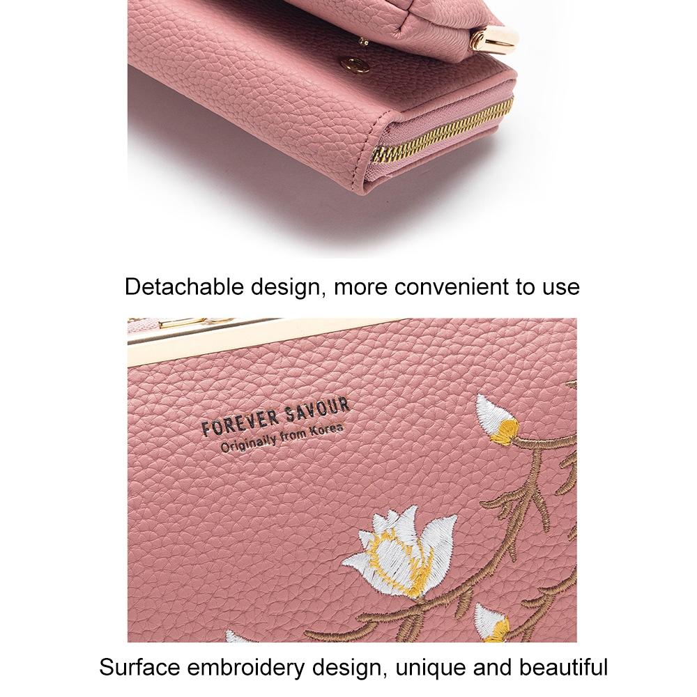 Black Embroidered Crossbody Wallet With Large Capacity - Pink