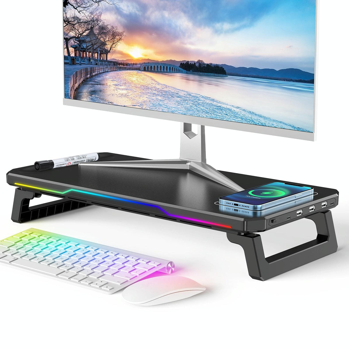 Usb Monitor Stand Riser with Type-c Ports - Wireless Charging White