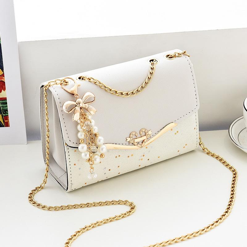 Sequined Messenger Shoulder Bag For Women Beige - Beige With Pendant