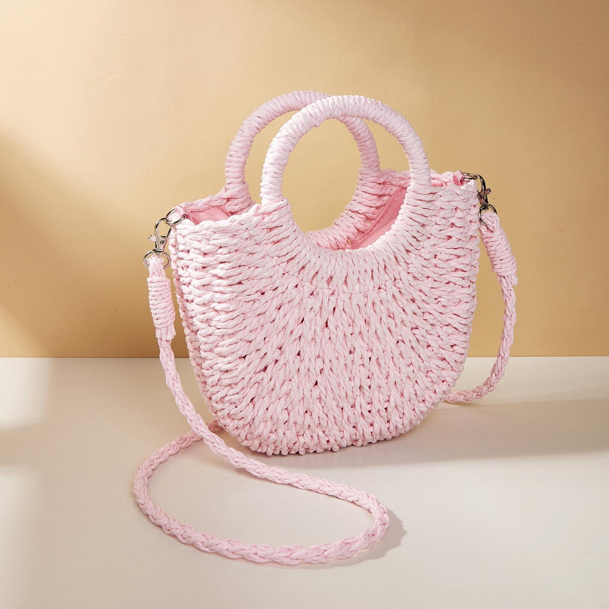 Beige Half Moon Straw Tote Woven Beach Bag - Pink