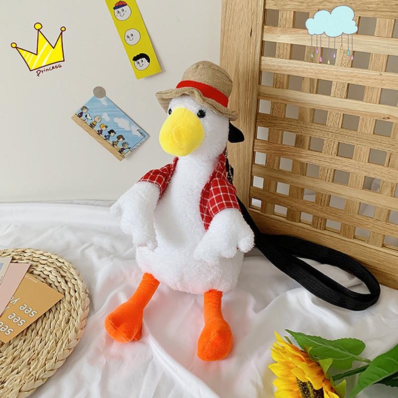 Adorable Cartoon Plush Shoulder Bag Duck White Green - Duck White Red