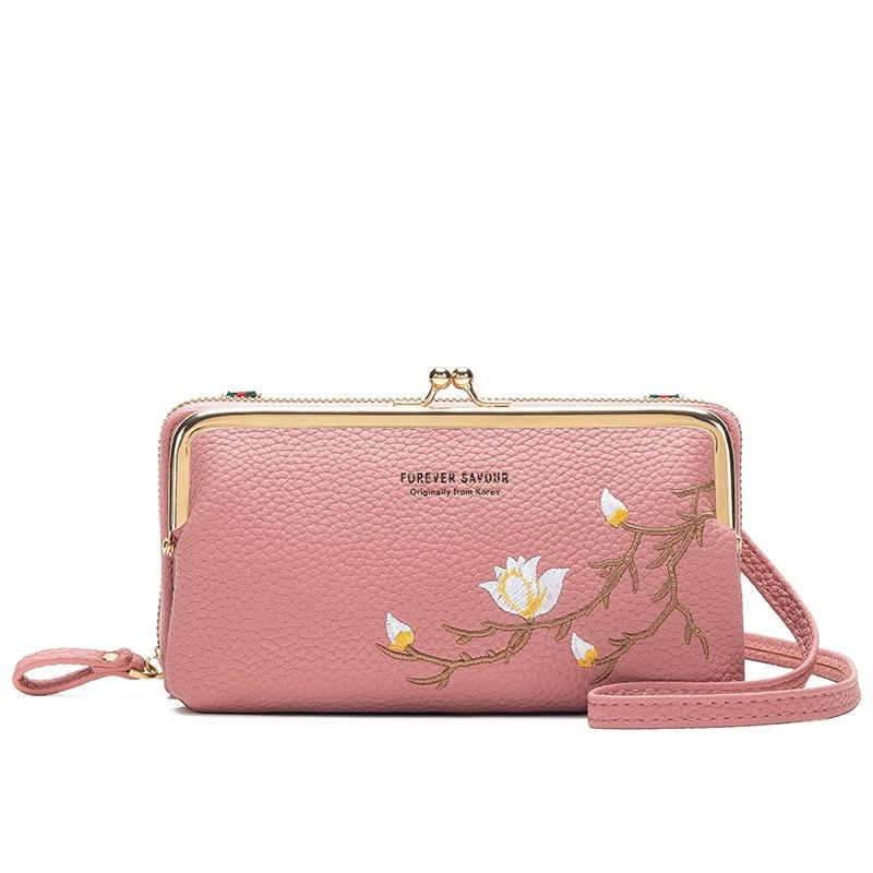 Black Embroidered Crossbody Wallet With Large Capacity - Dark Pink