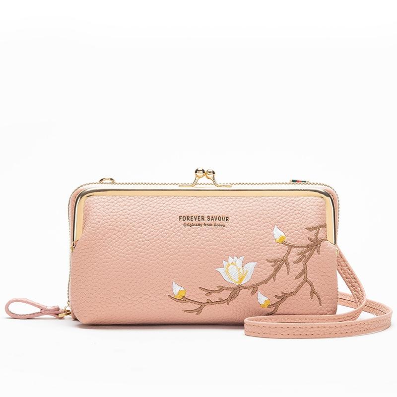 Black Embroidered Crossbody Wallet With Large Capacity - Dark Pink