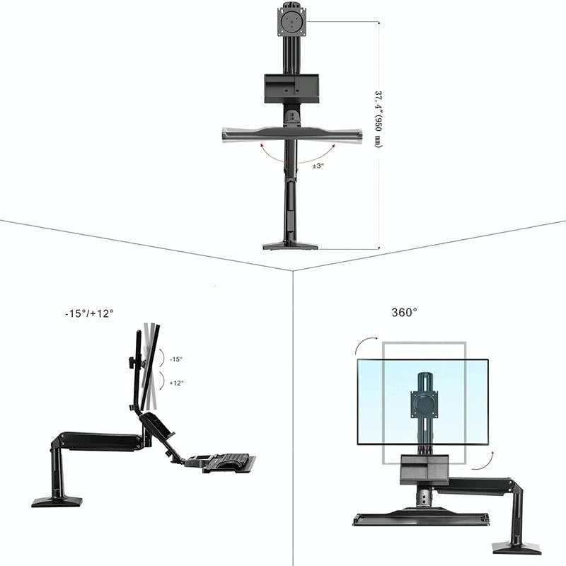 Ergonomic 19-27 Inch Monitor Holder with Foldable Keyboard Tray Full Motion Sit-stand Workstation