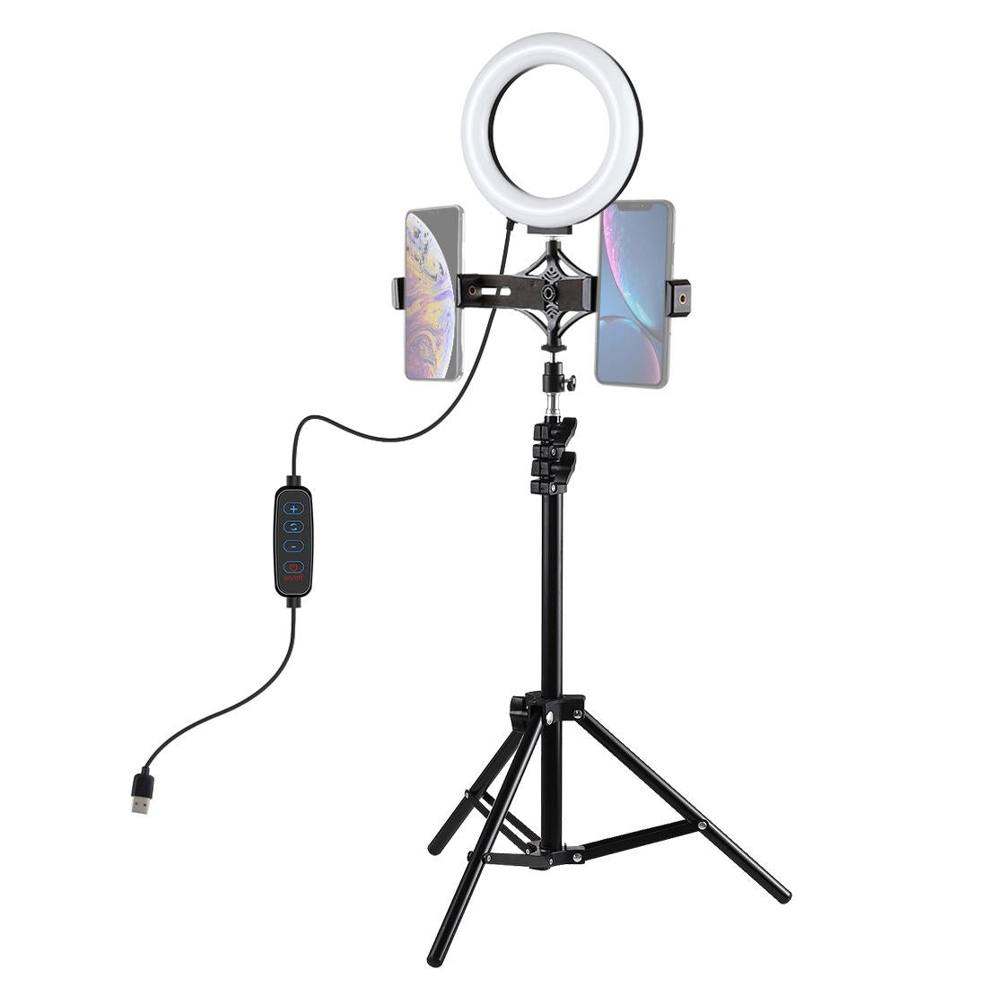 Live Broadcast Dual Phone Bracket with 1.1m Tripod & 6.2 Inch Led Ring Light Kit