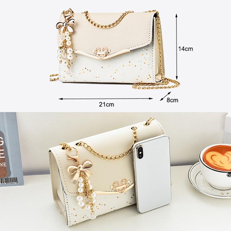 Sequined Messenger Shoulder Bag For Women Beige - White With Pendant