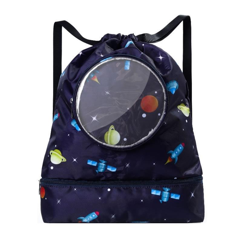 Blue Waterproof Drawstring Beach Bag L Size For Kids Wet & Dry Separation Shoulder Strap - Tibetan S