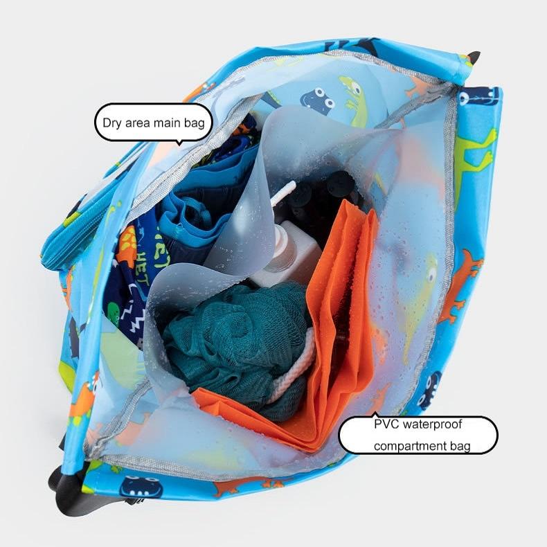 Blue Waterproof Drawstring Beach Bag L Size For Kids Wet & Dry Separation Shoulder Strap - Tibetan L