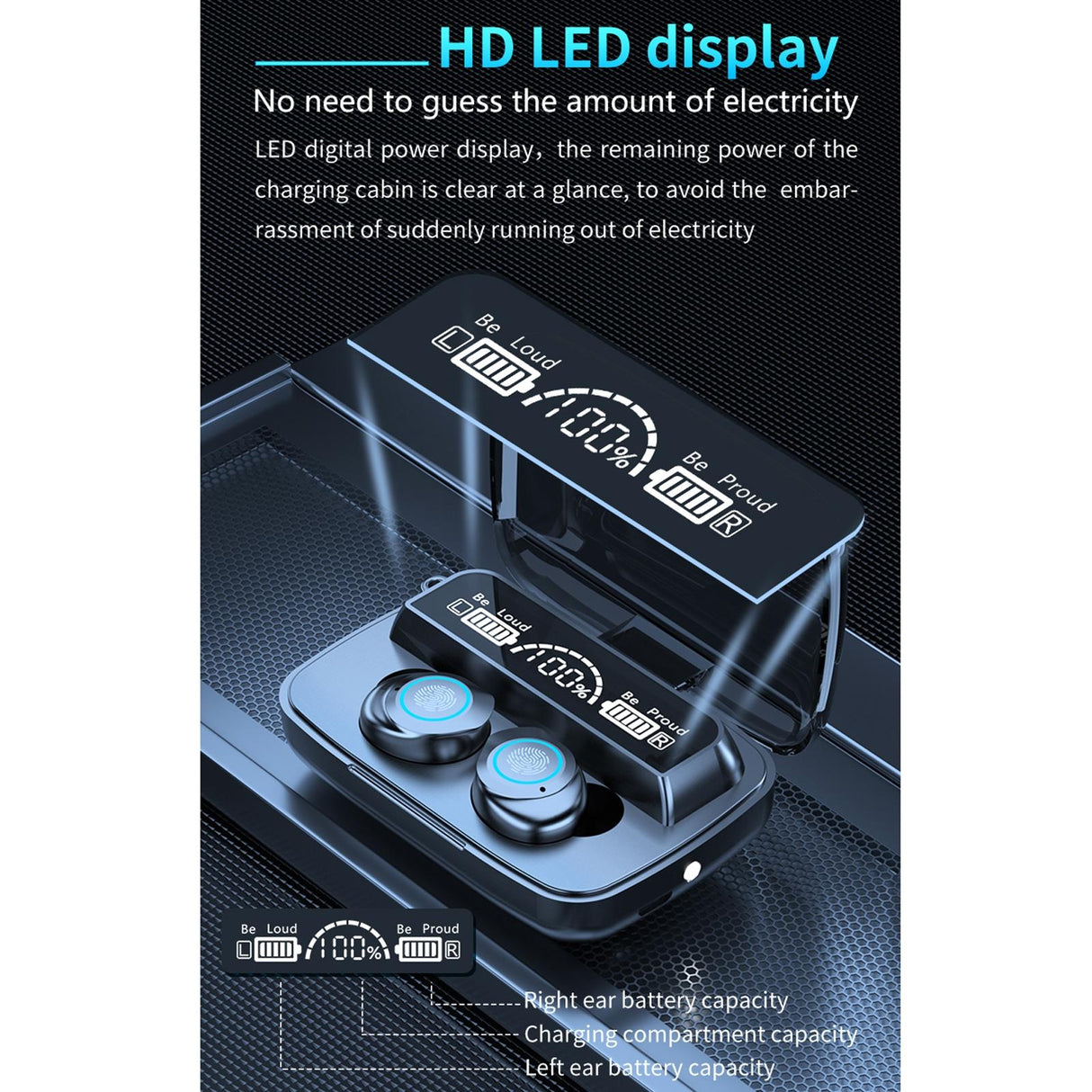 Waterproof Wireless Bluetooth Earphones with Touch Screen and Charging Box