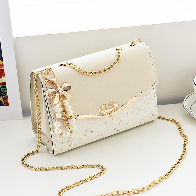 Sequined Messenger Shoulder Bag For Women Beige - Lake Blue