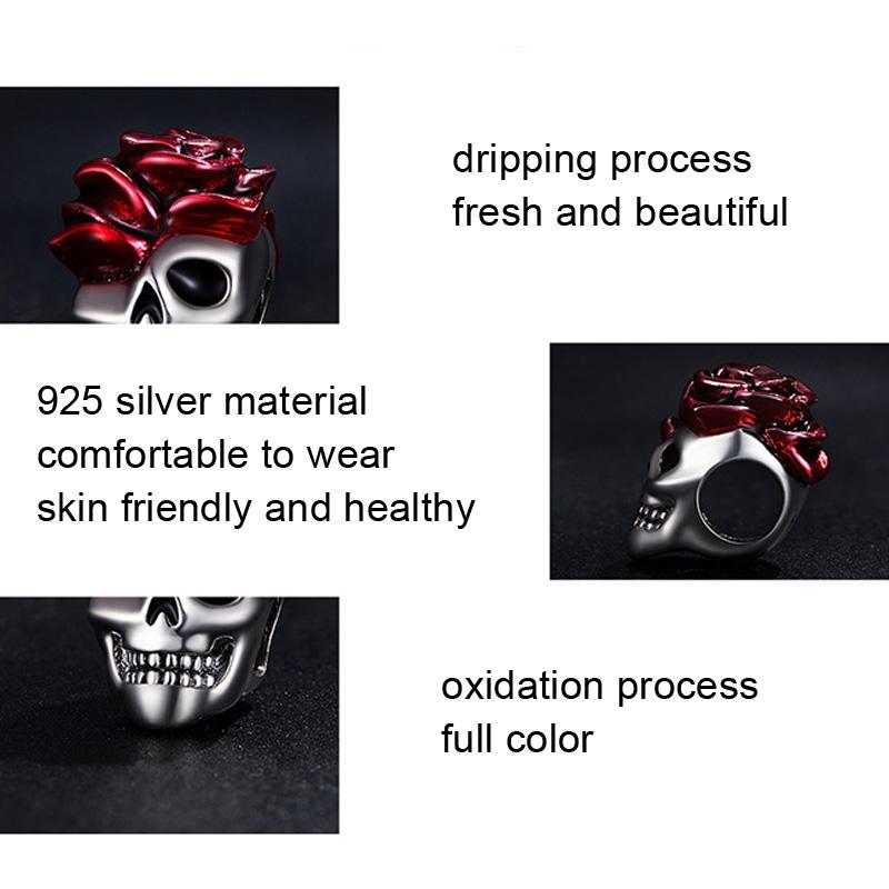 925 Sterling Silver Halloween Skull Bracelet With Rose And Pearl