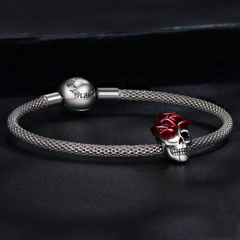 925 Sterling Silver Halloween Skull Bracelet With Rose And Pearl