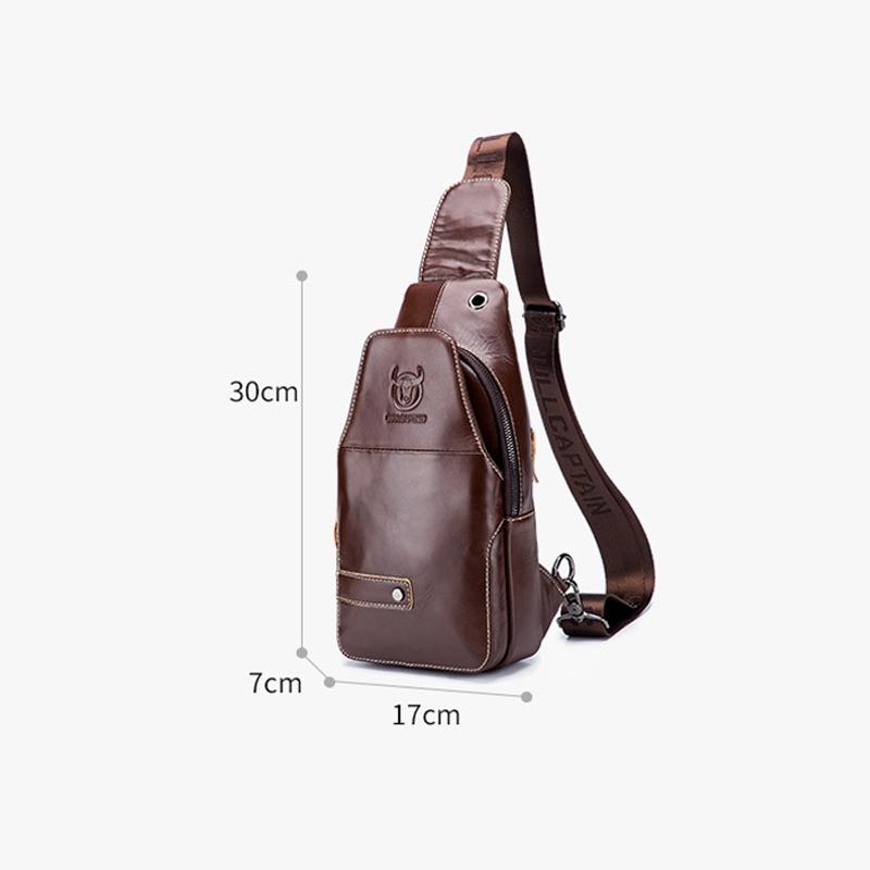 Men Leather Sports Chest Bag First Layer Cowhide - Black