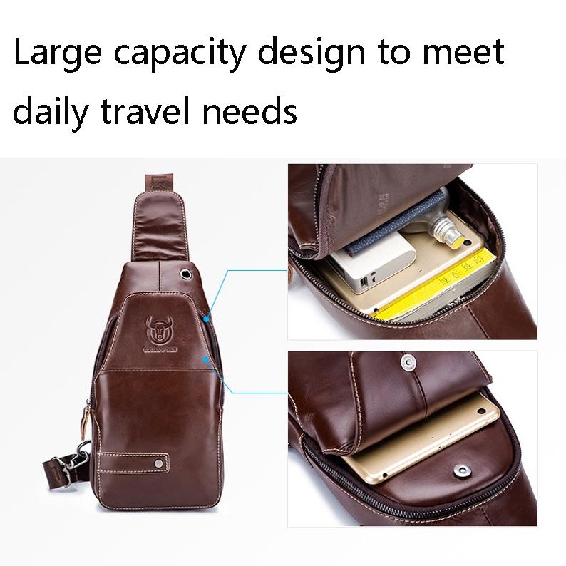Men Leather Sports Chest Bag First Layer Cowhide - Black