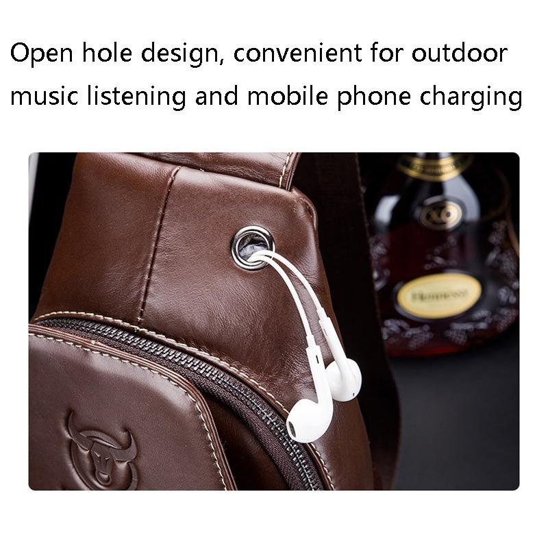 Men Leather Sports Chest Bag First Layer Cowhide - Black