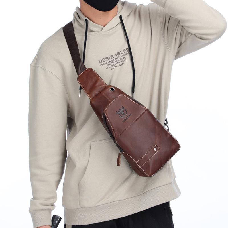 Men Leather Sports Chest Bag First Layer Cowhide - Black