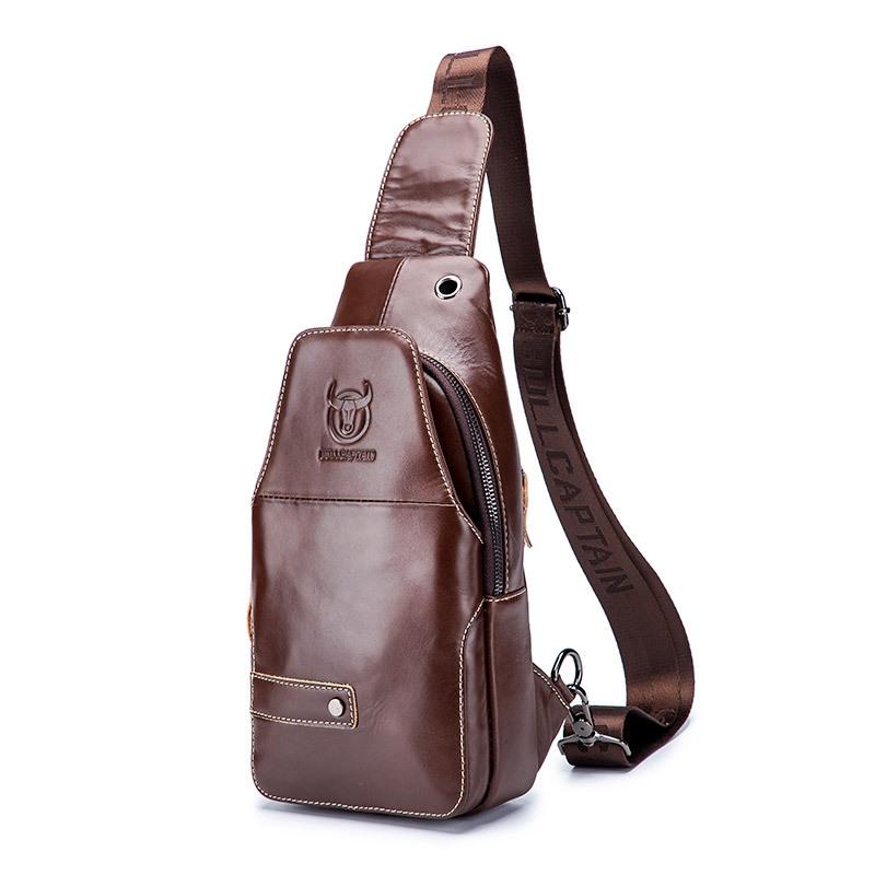 Men Leather Sports Chest Bag First Layer Cowhide - Black