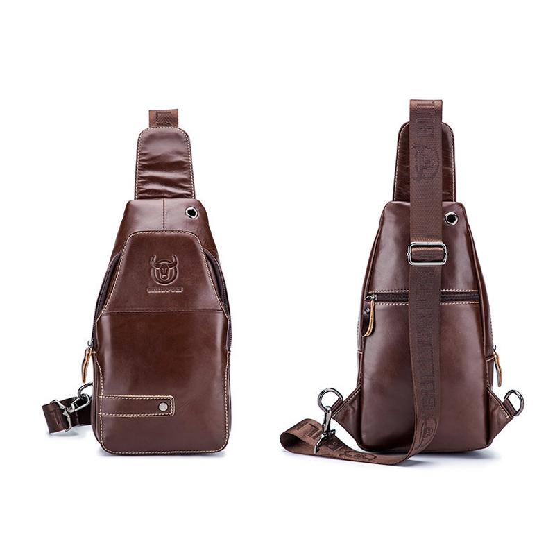 Men Leather Sports Chest Bag First Layer Cowhide - Black