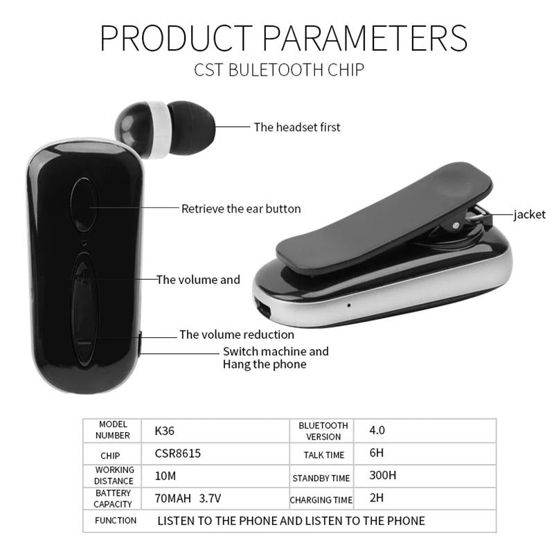 Wireless Bluetooth Earphone with Vibration Reminder and Clip - Black