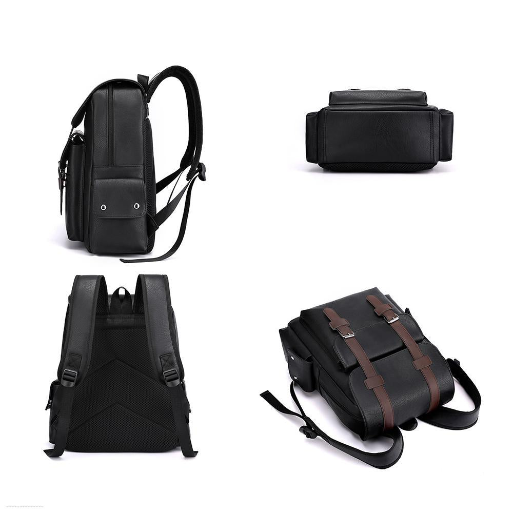 Large Capacity Pu Leather Laptop Backpack For Travel & School - Black