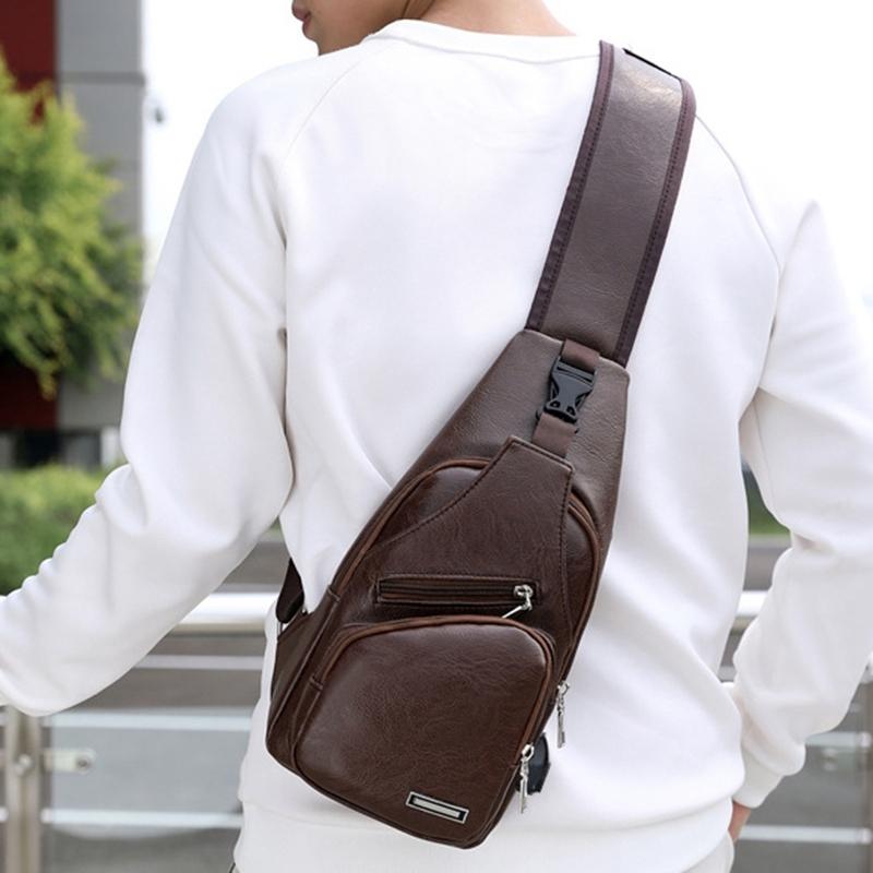 Waterproof Pu Leather Men Chest Bag Usb Port Headphone Hole - Black